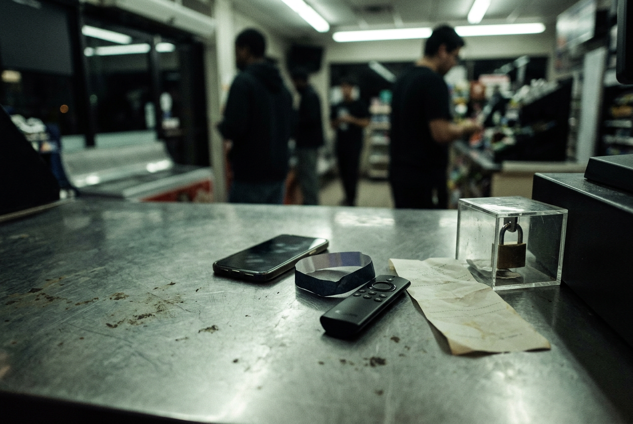 A phone, event wristband, streaming remote and pharmacy lockbox arranged under cool streetlight