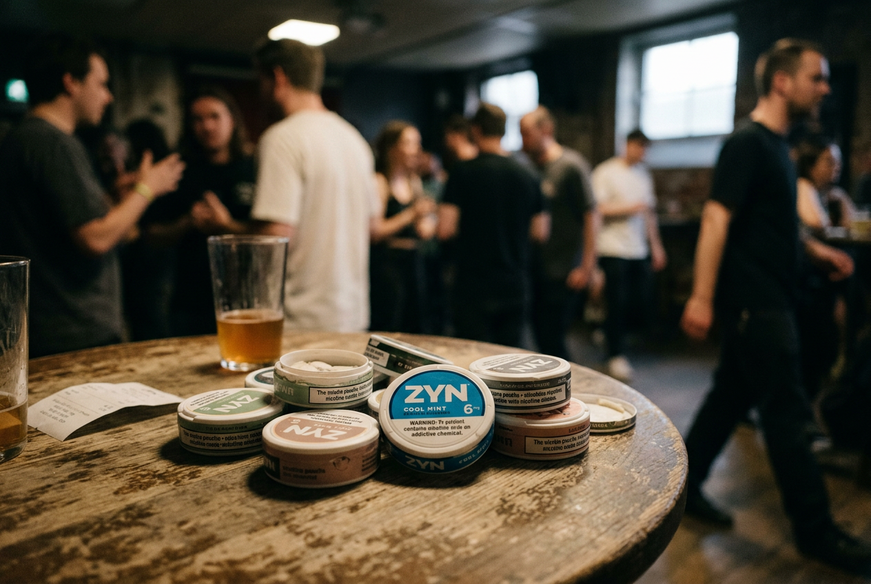 A ZYN Cool Mint 6 mg can beside nicotine pouch packages showing different strength formats.