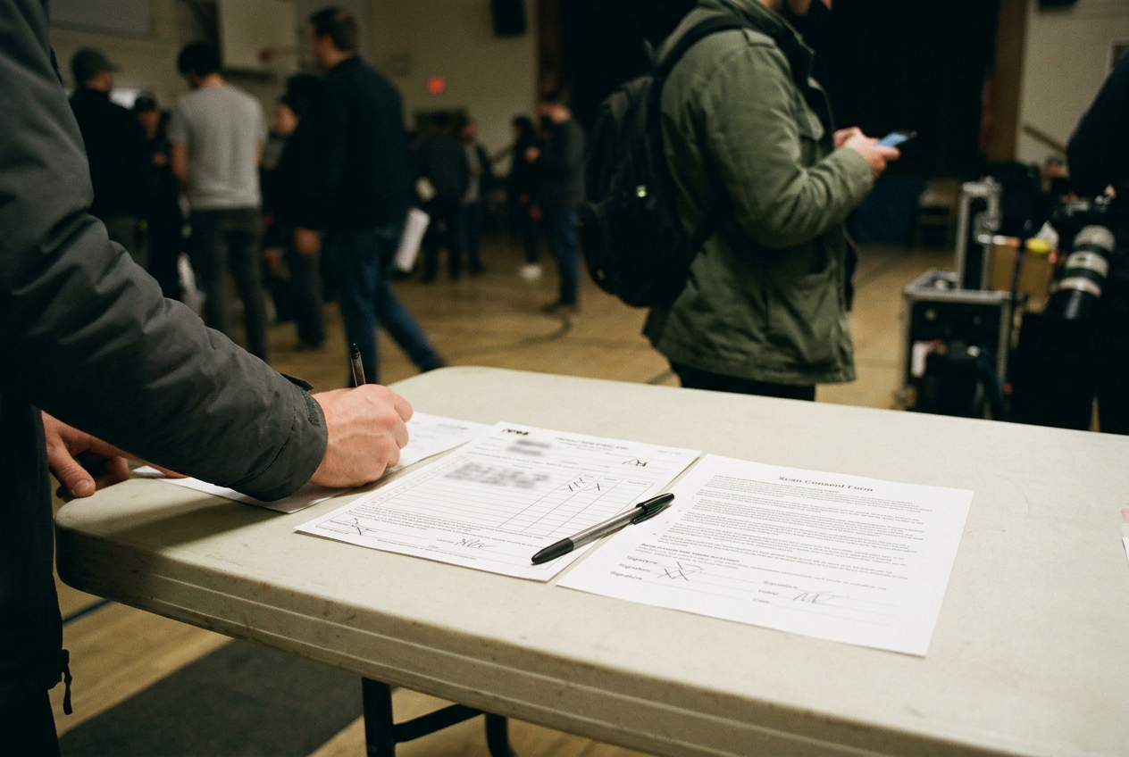 A background-actor timecard beside a separately initialed digital-replica consent form on a folding table.