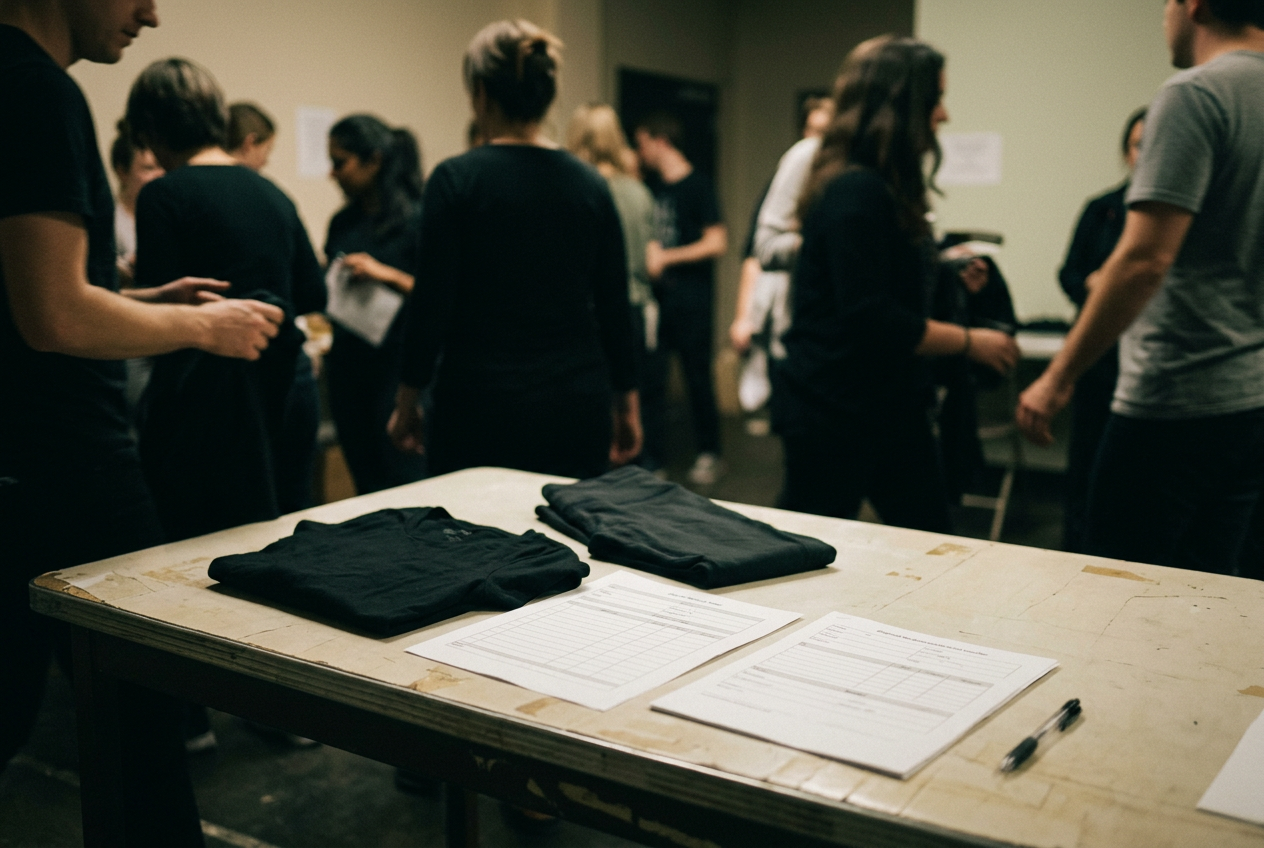 A fitted black shirt and leggings beside a digital-replica consent rider on a production check-in table.