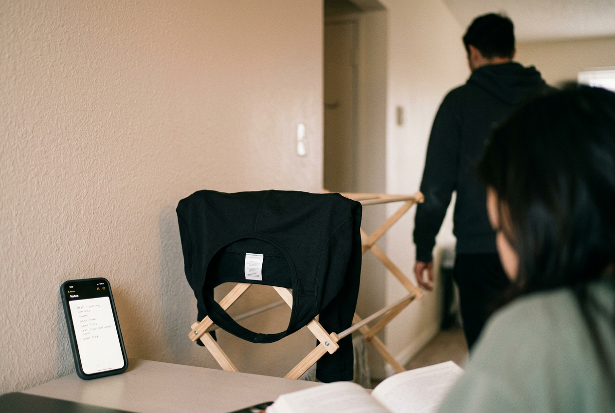 A black pull-on chest binder air-drying beside its care label and a phone displaying timed wear-test notes.