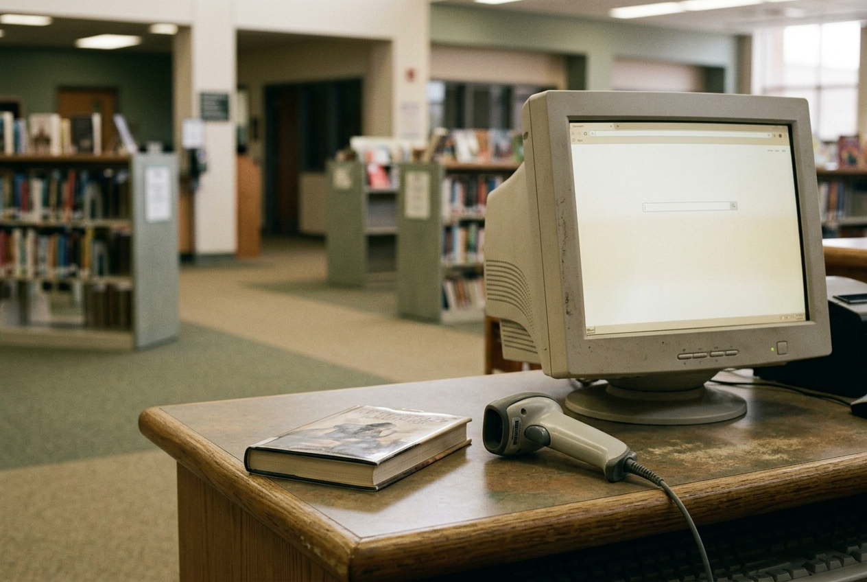 A paperback library book beside a barcode scanner and a laptop displaying an empty catalog search result.
