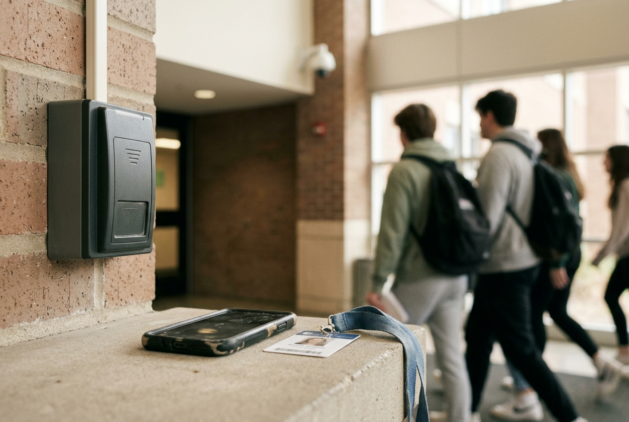 A student ID on a lanyard beside a phone at a campus entrance with a security camera overhead.