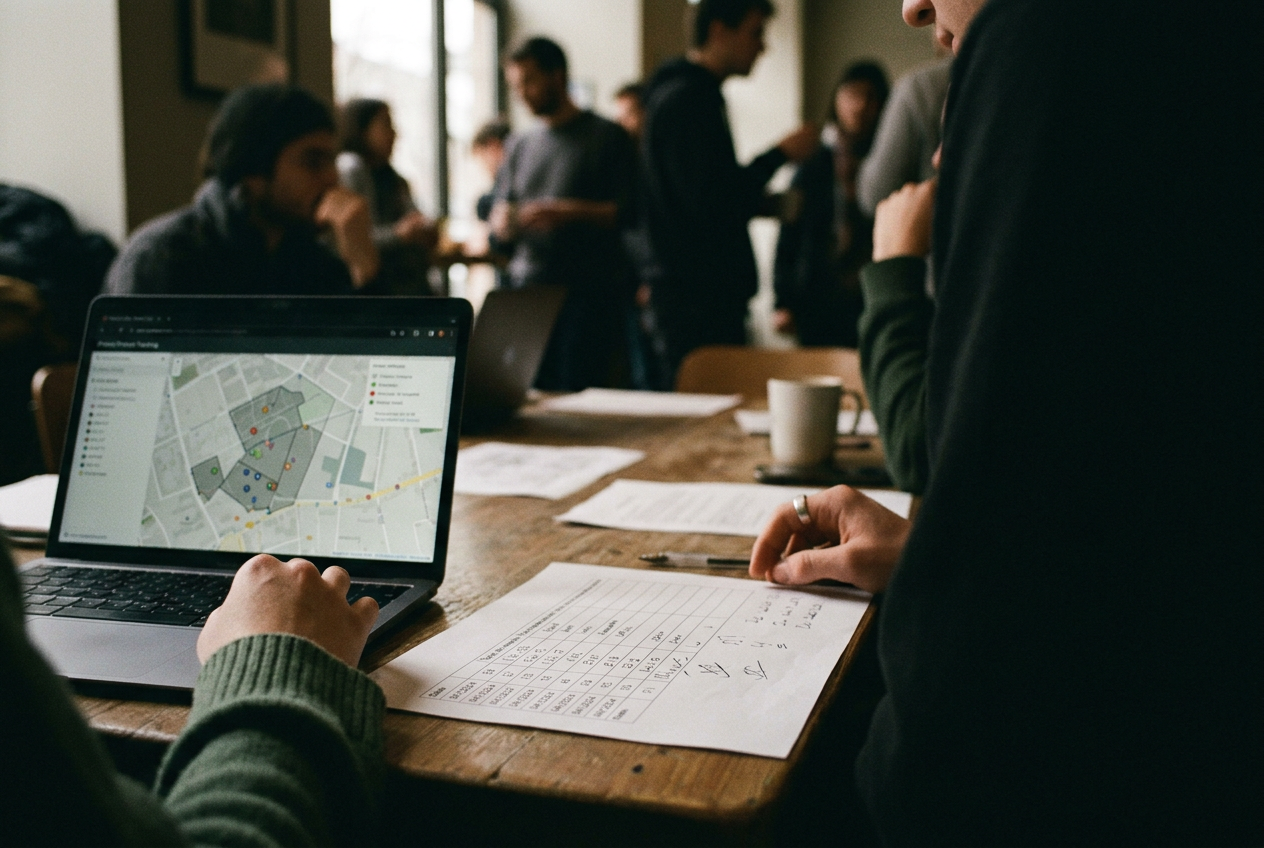 A laptop displaying a campus protest map beside printed event records, with no people visible.