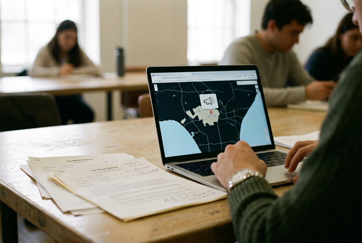 A laptop displays a campus protest map beside printed university incident notices and a public campus map.
