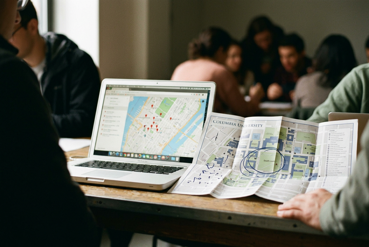 A laptop displays a campus protest map beside a printed map of Columbia University’s South Lawn.