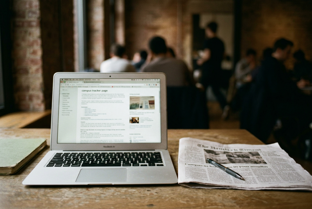 A laptop displaying a blurred campus incident map beside a printed student newspaper column and protest flyer.