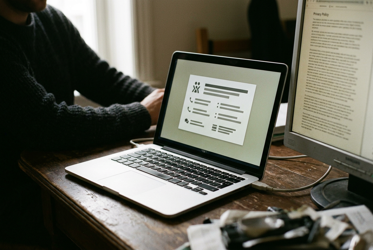 A laptop showing a chatbot crisis-resource card beside an open privacy policy on another screen.