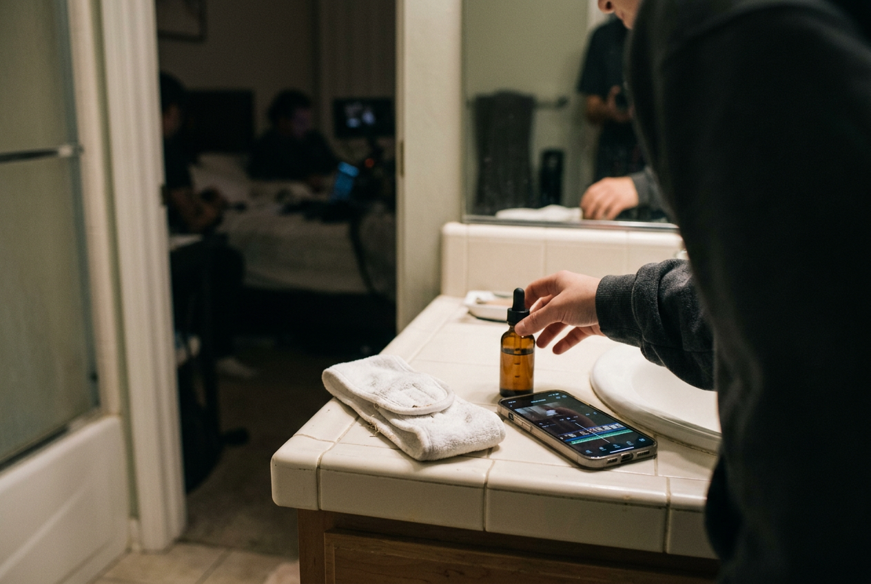 A white terry spa headband beside an amber serum bottle and a phone showing a vertical video timeline.