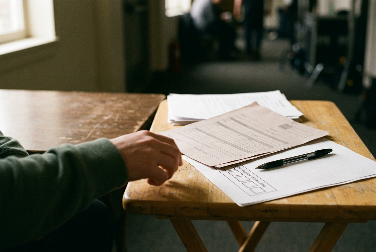 A pen beside a background-actor voucher and a boxed digital-replica initials line on a folding check-in table.