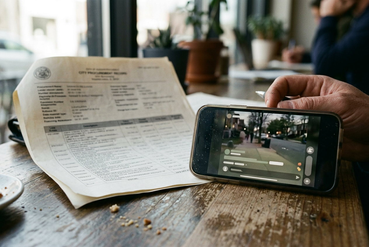 A city procurement record for social-media analytics displayed beside a phone showing public posts.