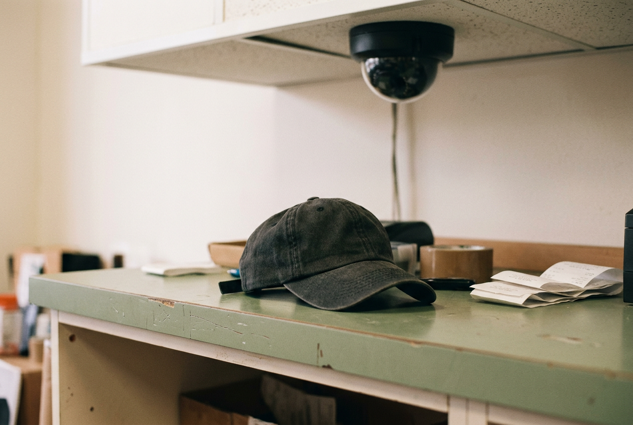 A ceiling security camera above a store entrance, with a dark baseball cap resting on the returns counter below.