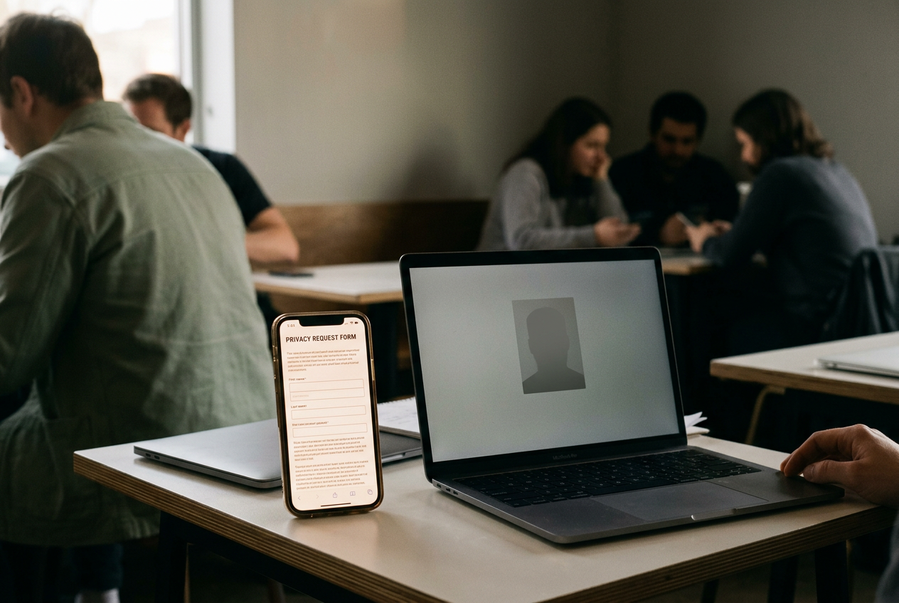 A phone displaying Clearview AI’s privacy request form beside a plain reference selfie on a laptop.