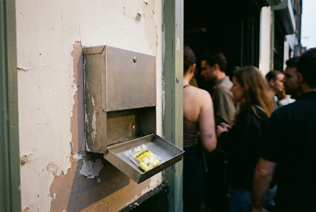 A packet of yellow foam earplugs in the tray of a wall-mounted club vending machine near an entrance.