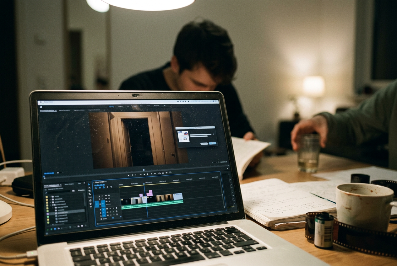 A video editing timeline showing a short doorway scene beneath a copyright claim notice.