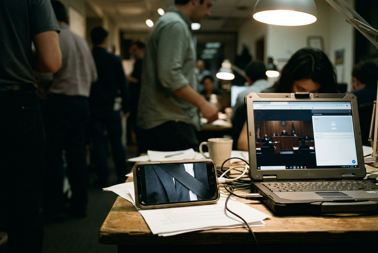 A laptop shows an empty court video window beside a phone displaying a paused repost and search results.