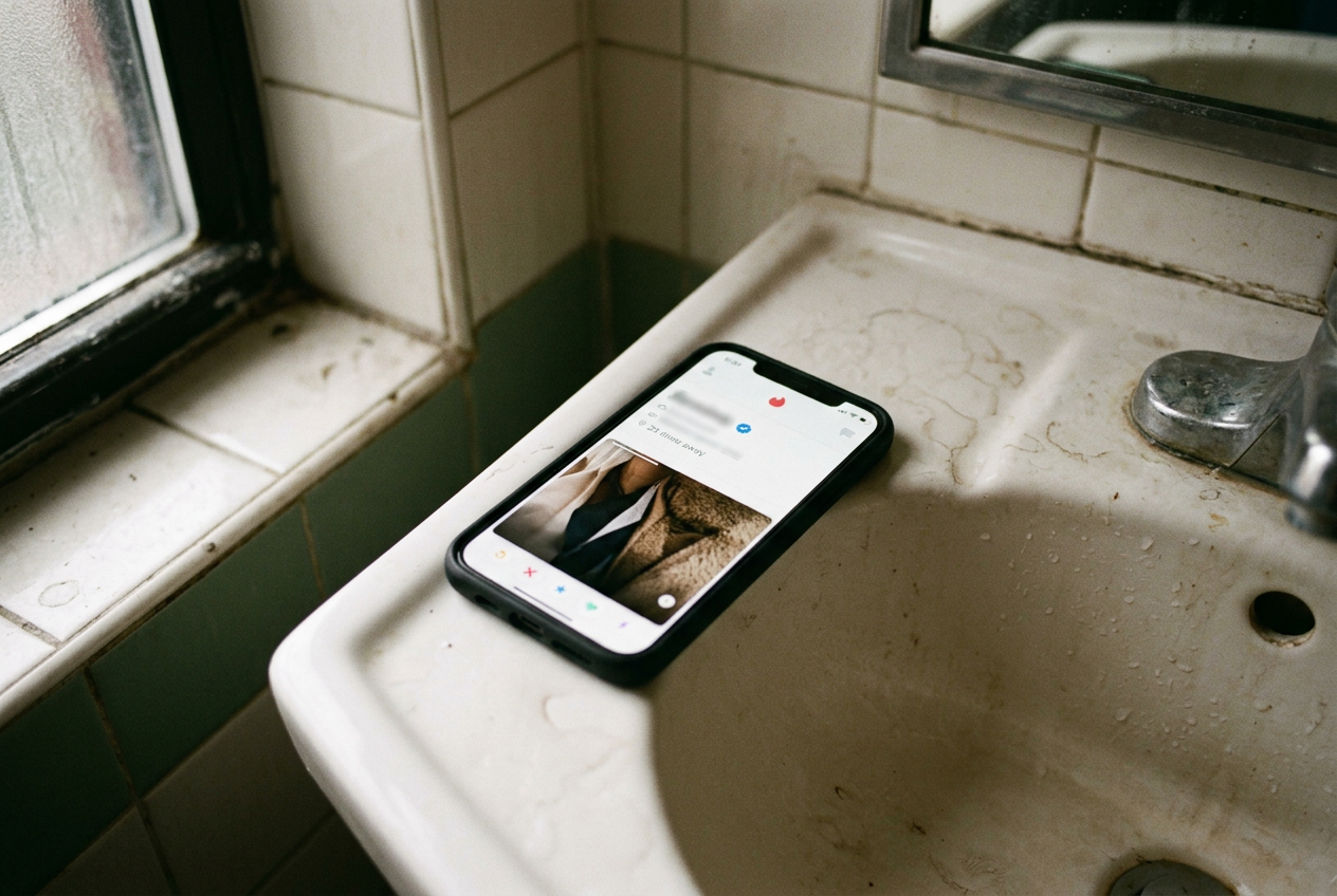 A phone displays a dating profile header with a blue verification check beside the name.