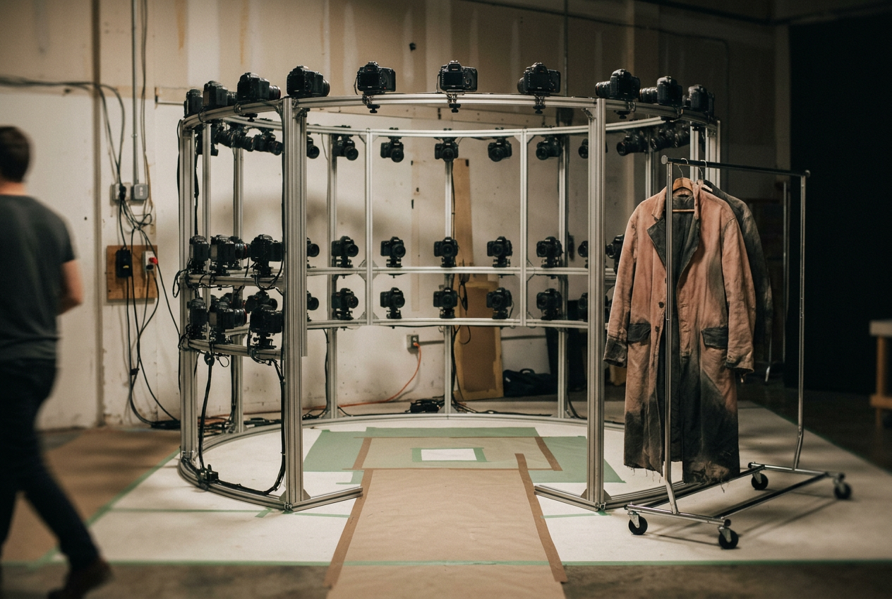 An empty camera-array scan booth with floor marks and a production costume hanging beside it.