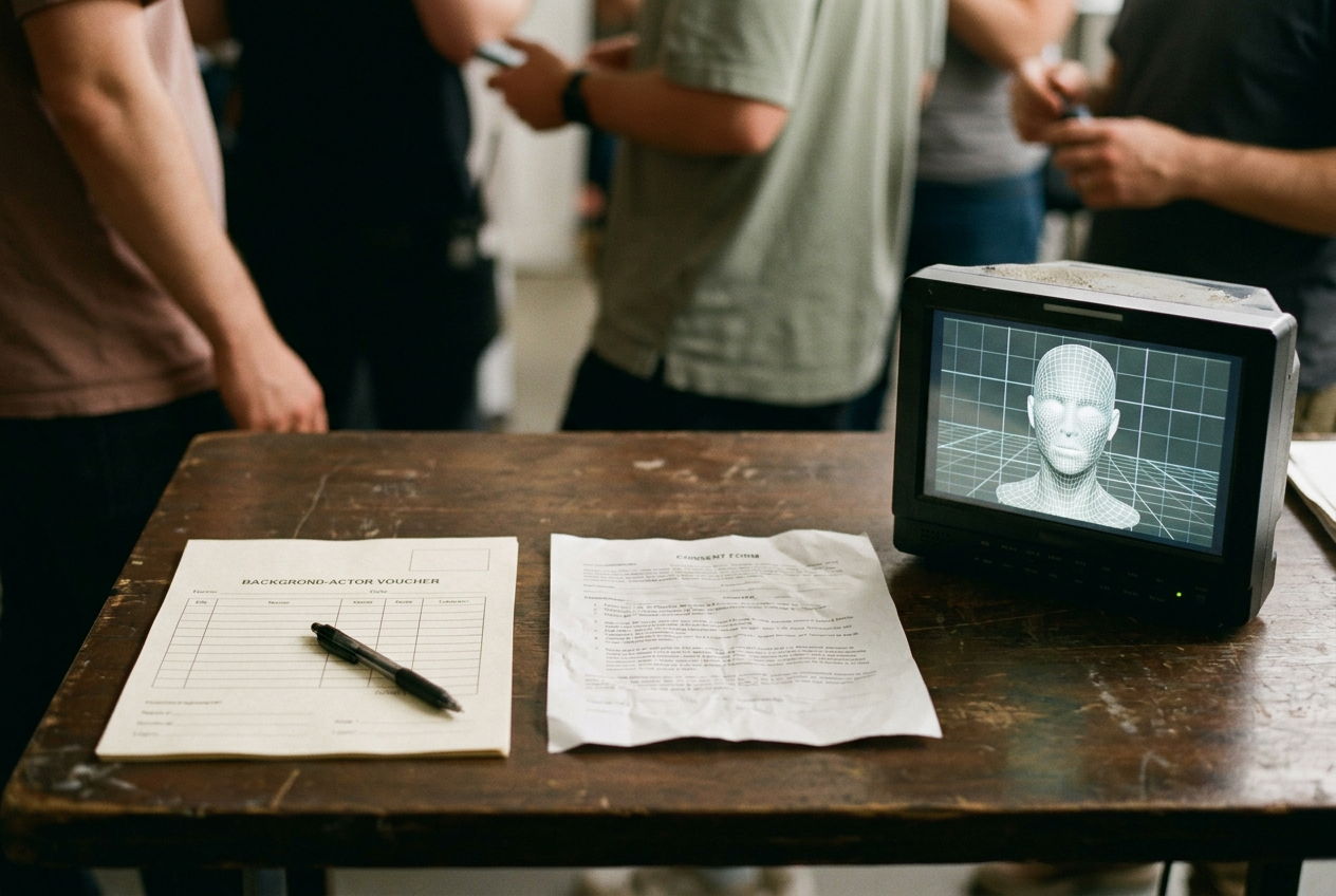 A blank background-actor voucher beside a digital-replica consent form and a monitor displaying a generic wireframe head.