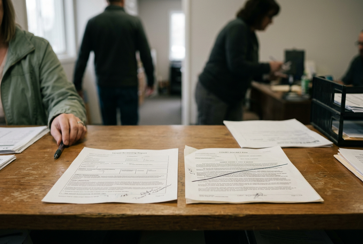 A printed tenant-screening report beside an eviction docket showing that the case was dismissed.