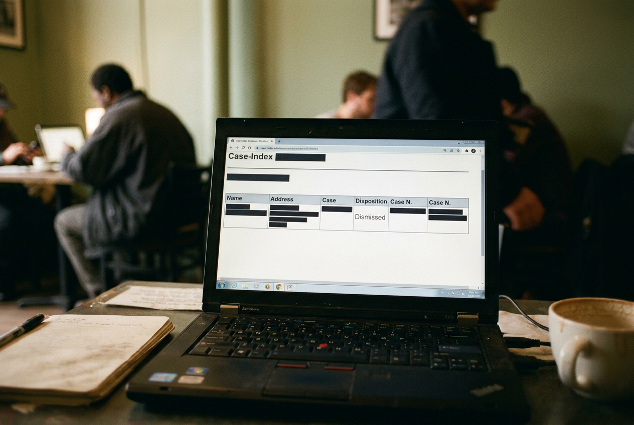 A laptop displaying a New Jersey court index row with the disposition field marked dismissed.