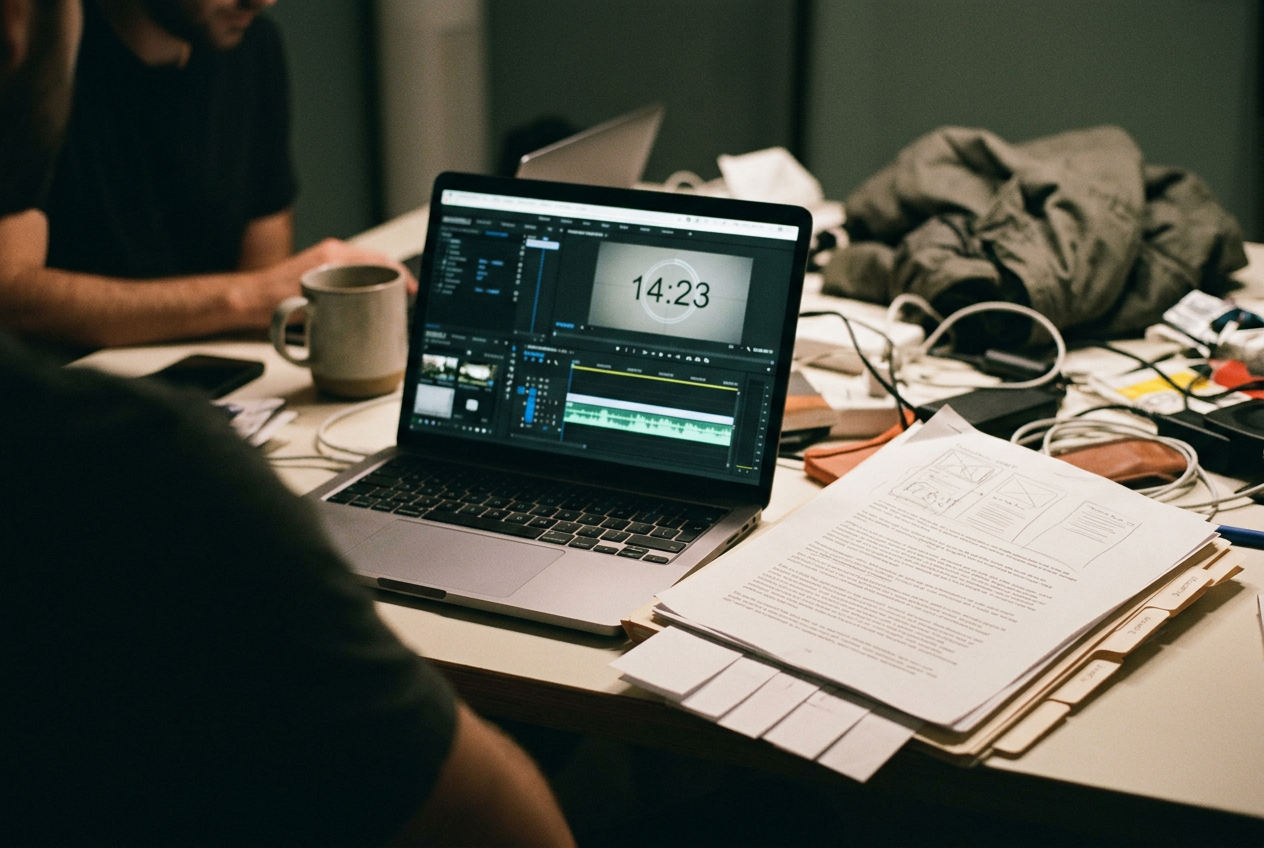 Laptop showing a private-jet video timeline beside a script, voice waveform, thumbnail draft and contractor invoices.