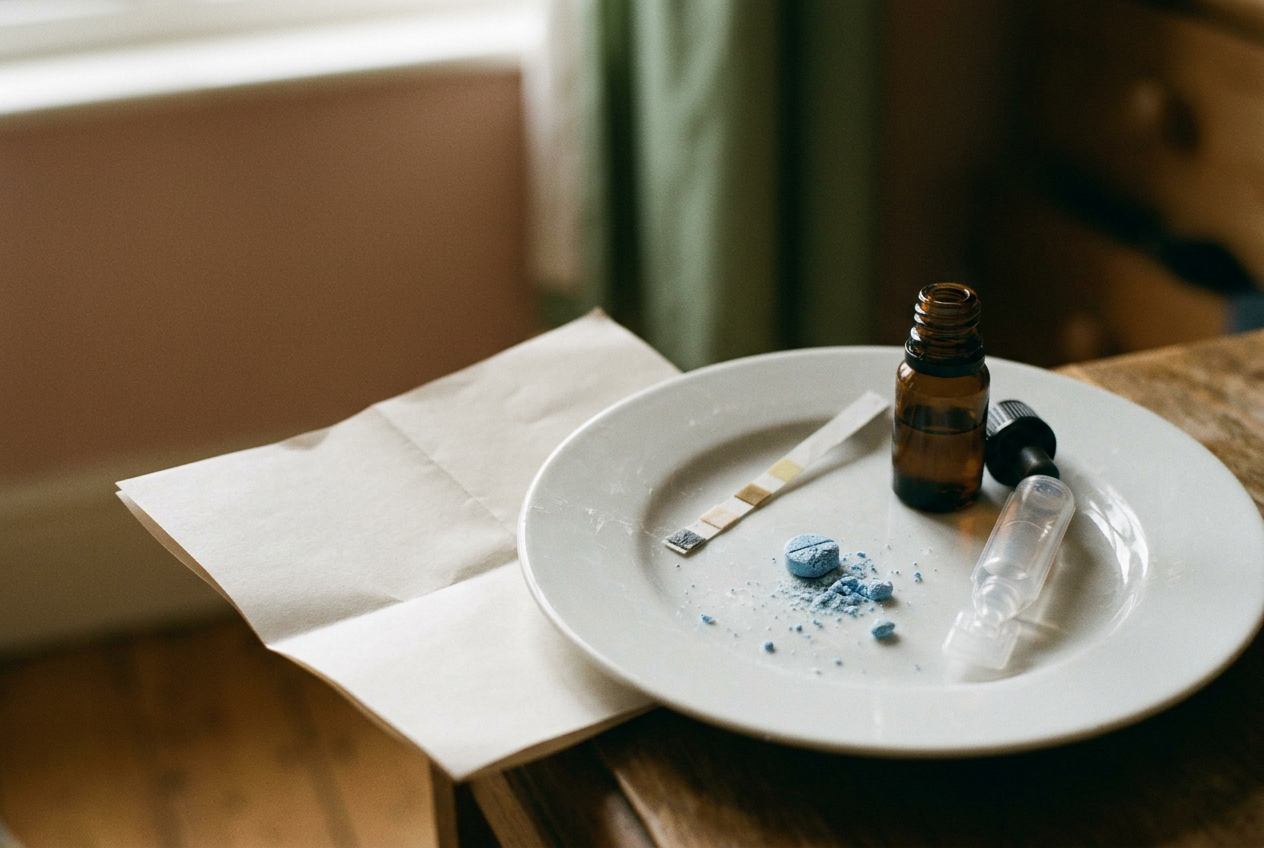 A crushed blue tablet on a white ceramic dish beside a fentanyl test strip, water container and printed instructions.
