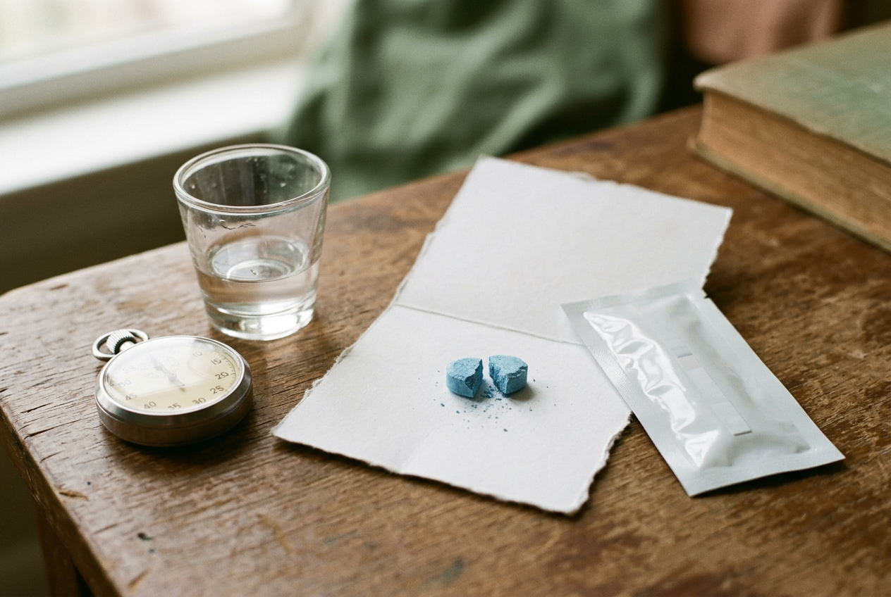 A broken blue pressed pill beside a fentanyl test strip, clean glass cup and timer on a plain table.