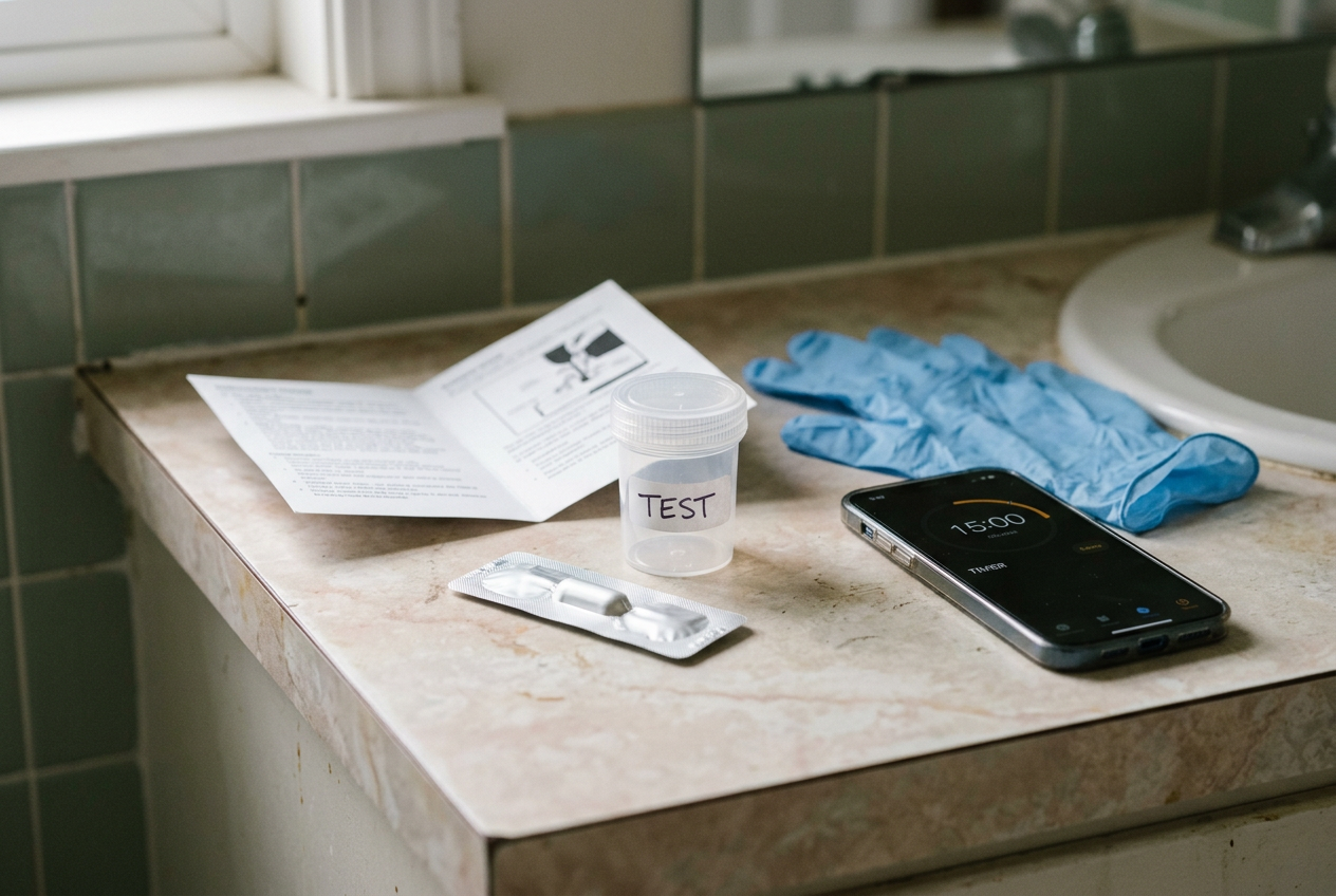 A fentanyl test strip, instruction card and clear cup labeled TEST on a dry bathroom counter.