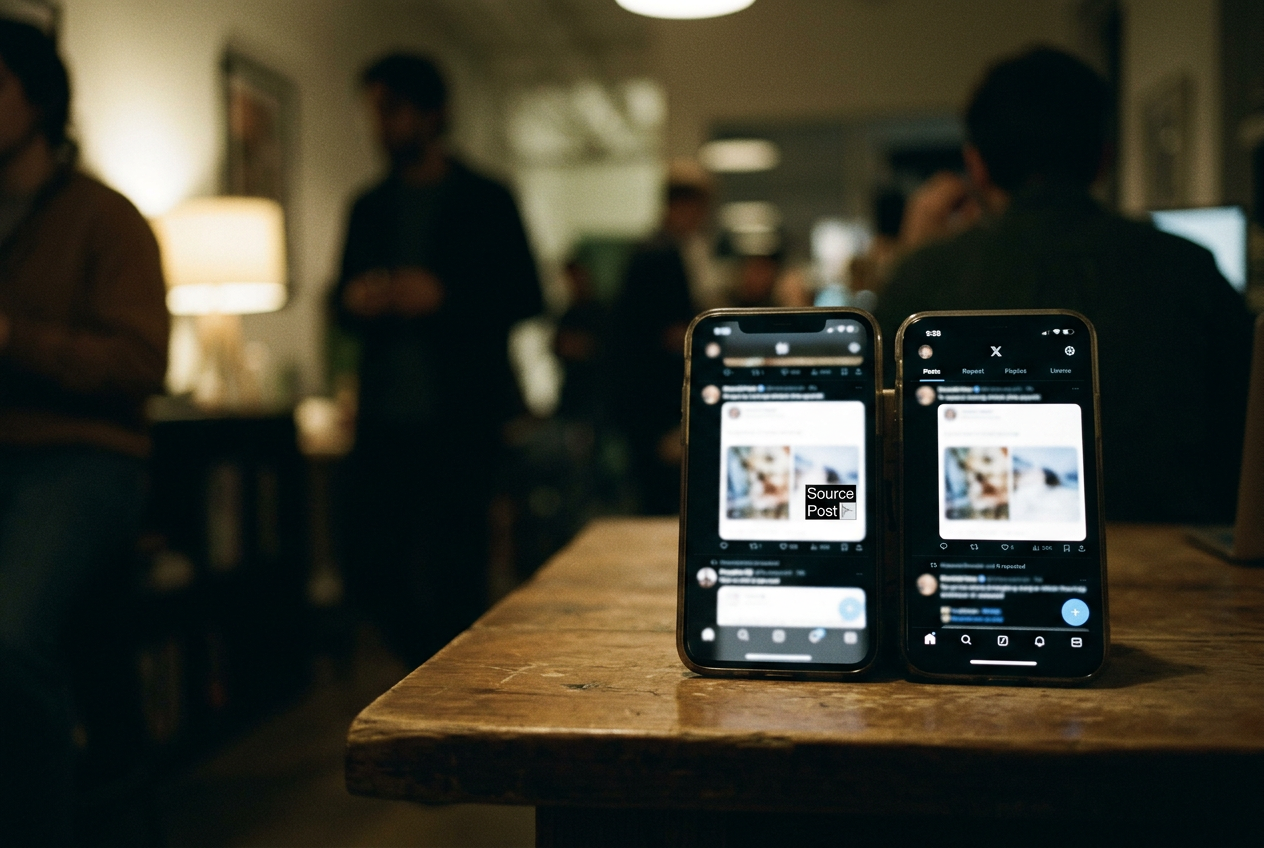 A phone displays an altered campaign-style video beside a repost whose caption does not identify it as parody.