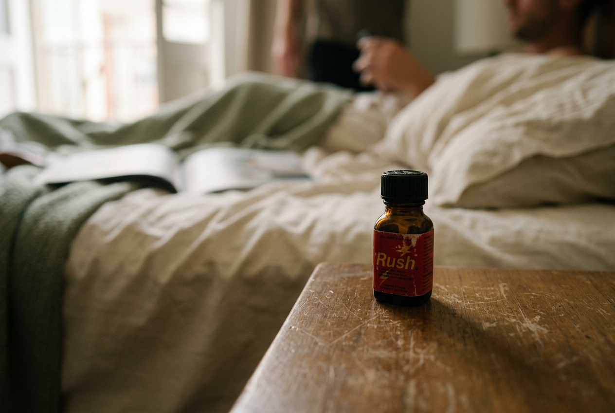A small brown Rush bottle on a plain table beside its cap and folded retailer packaging.
