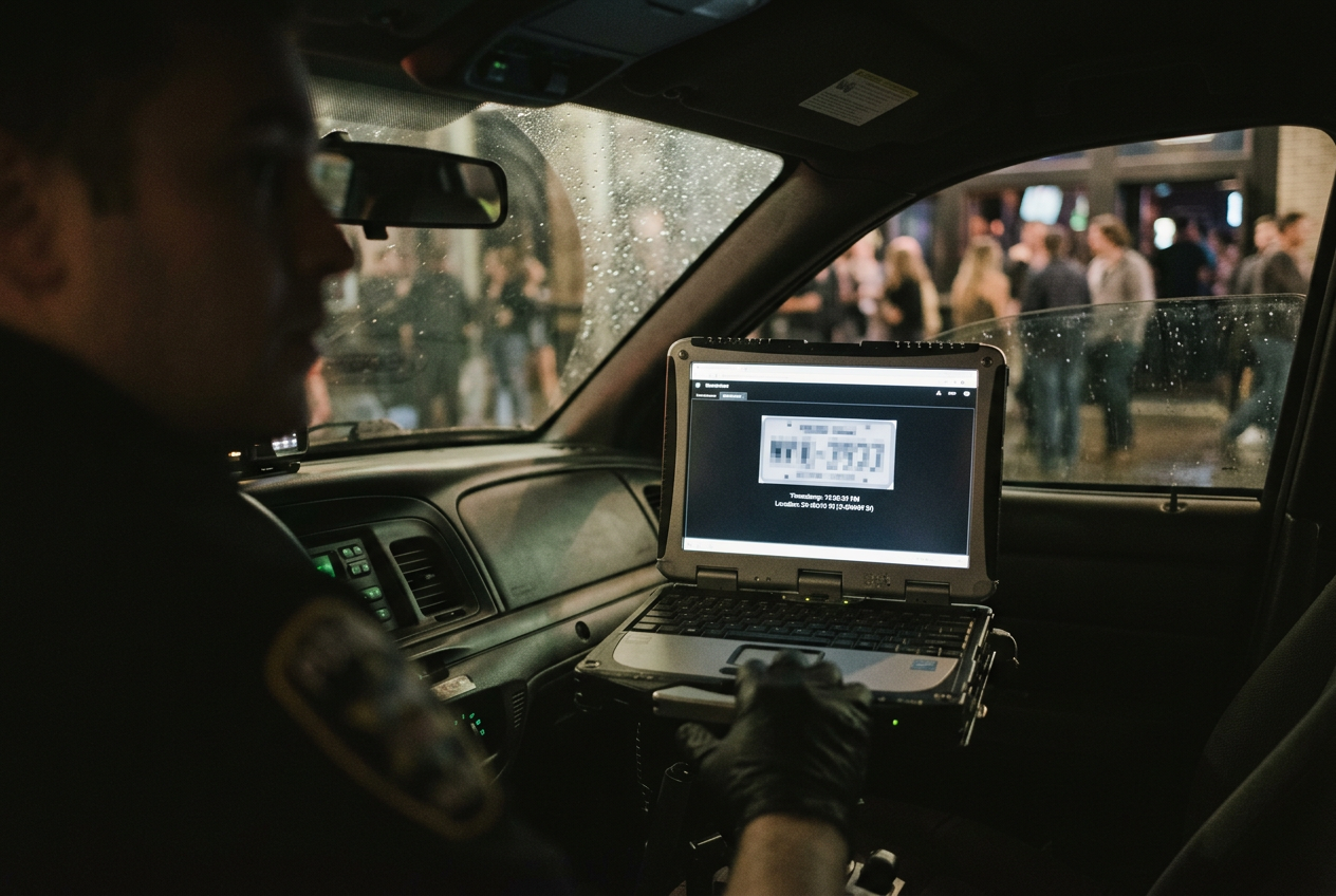 A patrol-car computer displaying a license plate image, timestamp and location from an automated reader.