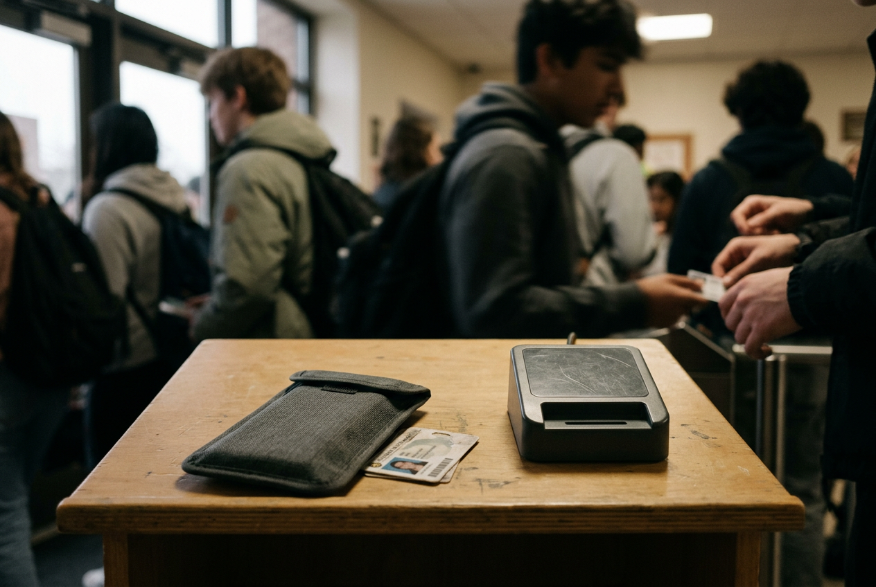 A sealed gray phone pouch beside a school ID and a wall-mounted magnetic unlocking station.