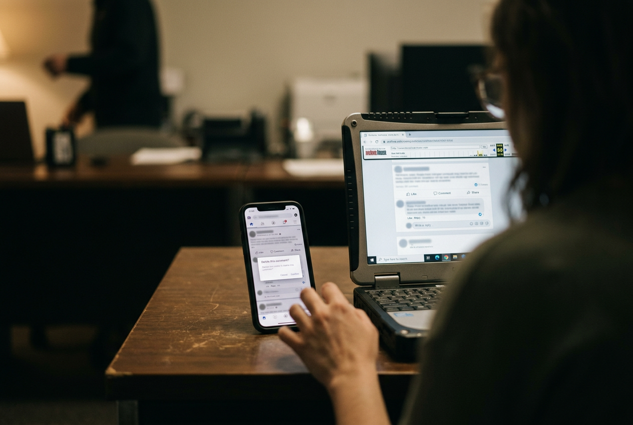 A phone showing a municipal Facebook comment menu beside a laptop displaying an archived copy of the same thread.
