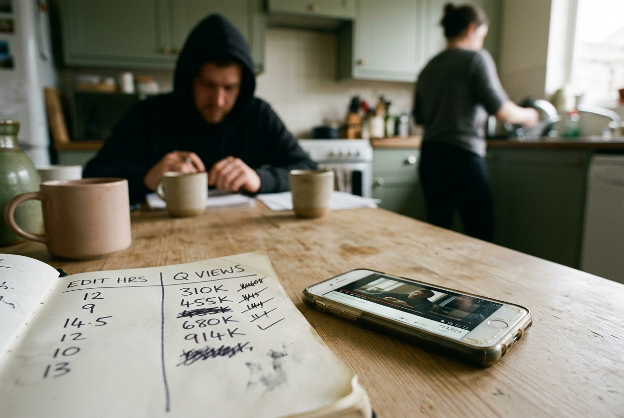 A phone showing a short-video view counter beside a notebook tracking editing hours and eligible views.