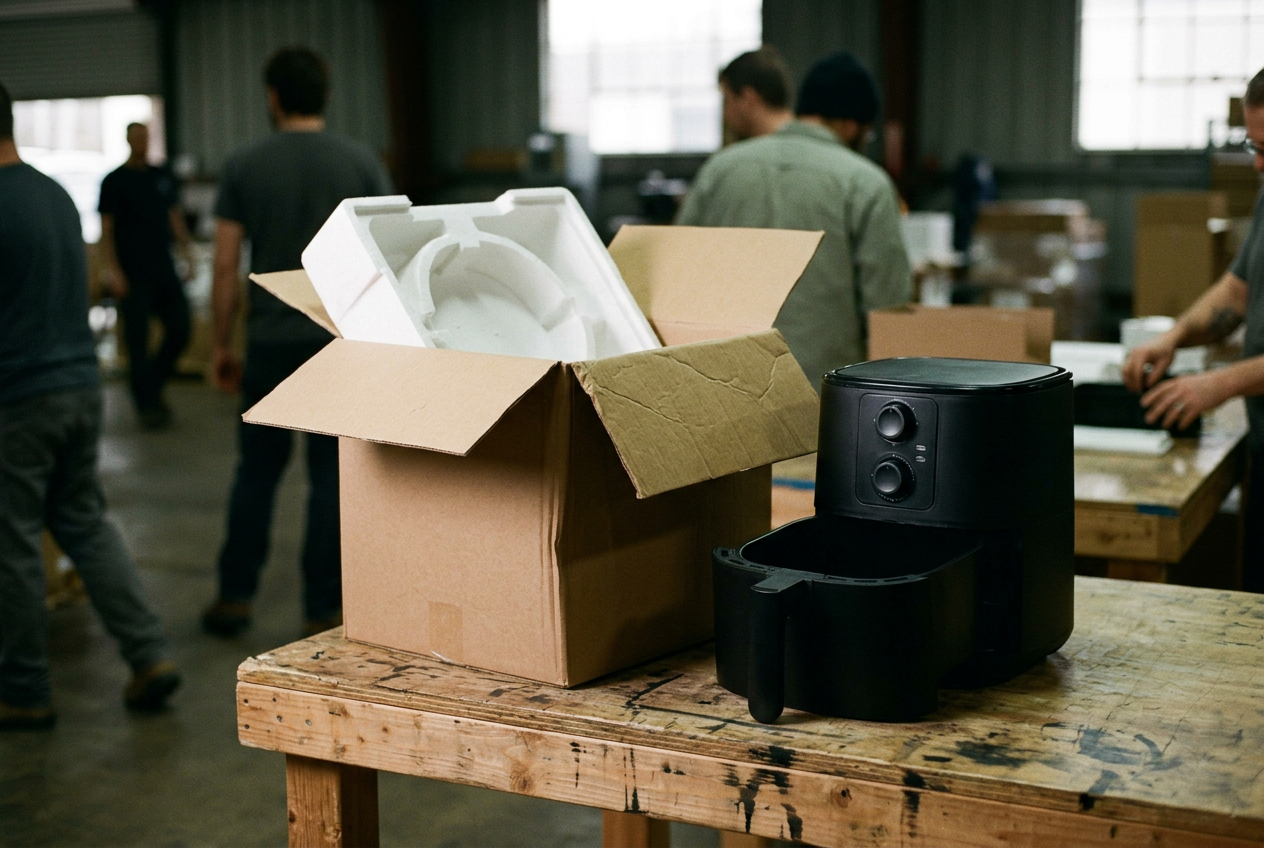 An opened matte-black air fryer box beside the appliance, with the removable cooking basket visibly absent.