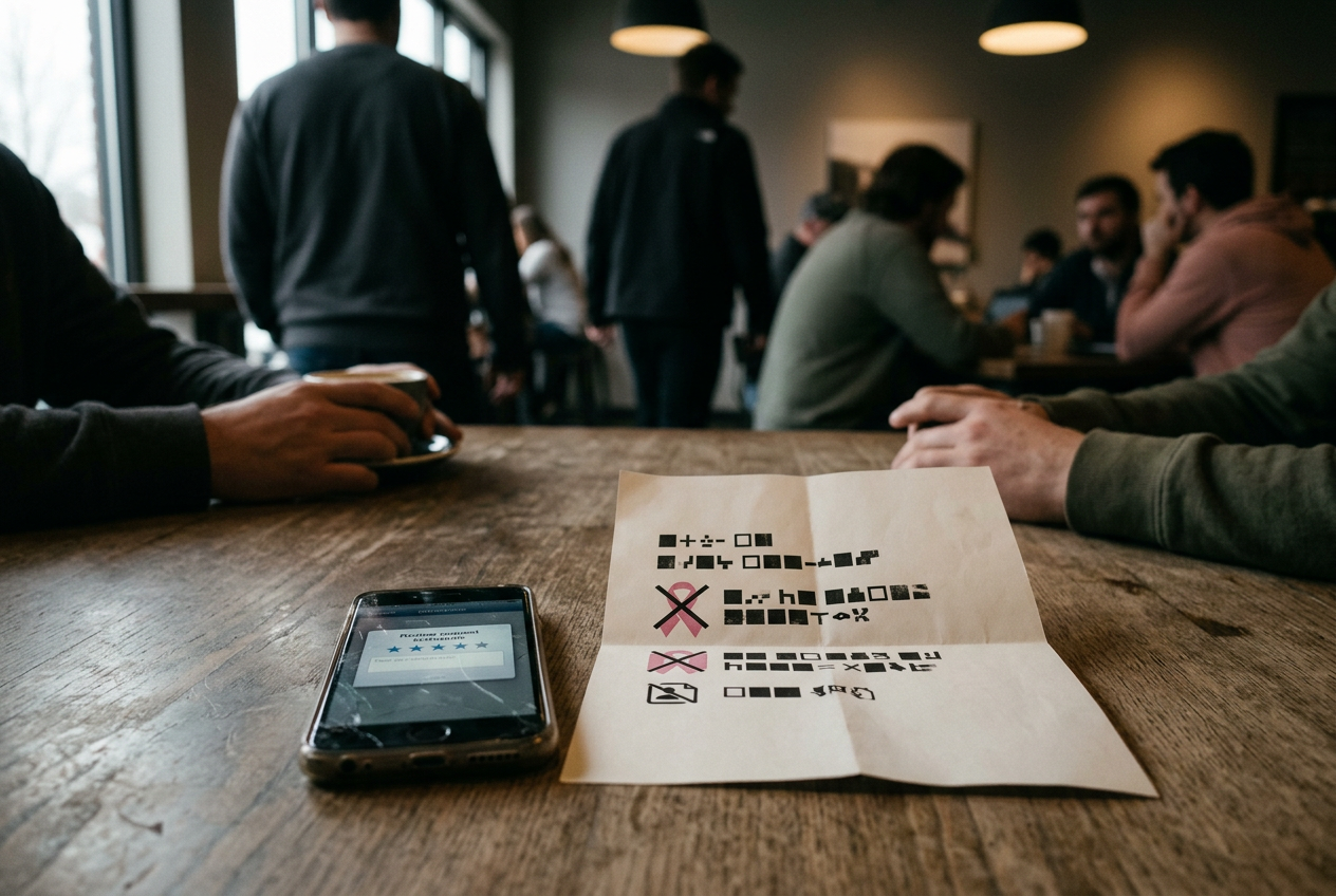 A phone displaying an Instagram review-request screen beside printed moderation policy pages.