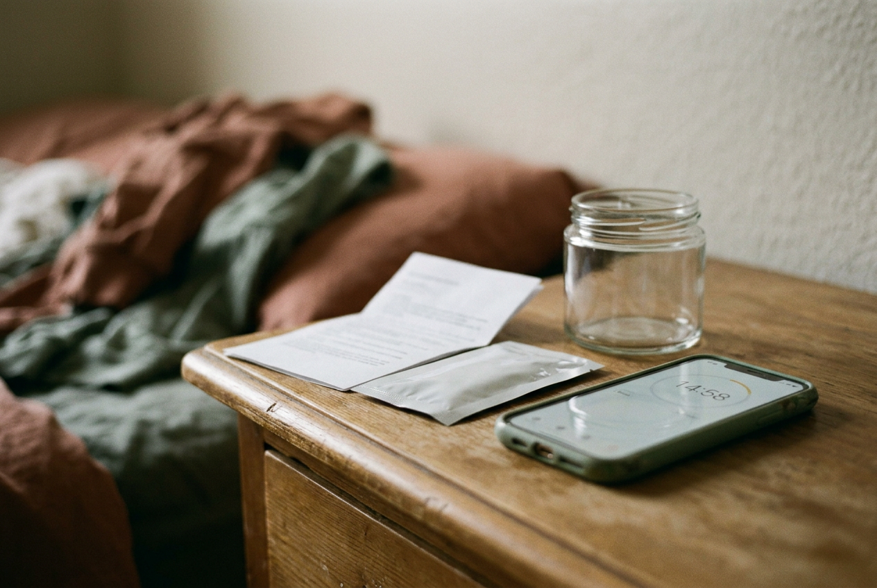 A sealed fentanyl test strip pouch beside its instructions, a clean glass container and a timer on a bedroom dresser.