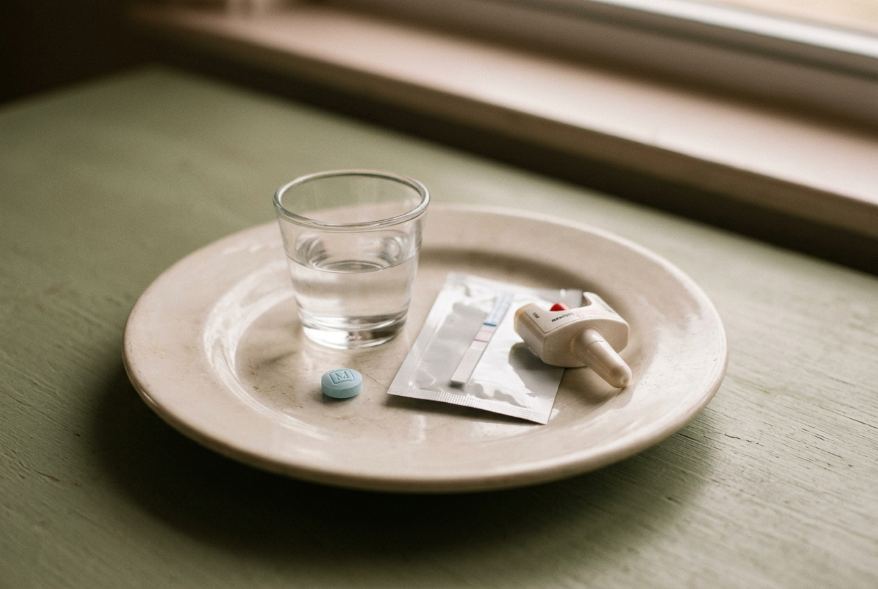 A blue M30-style tablet beside a fentanyl test strip, clean cup, water and naloxone on a plain table.