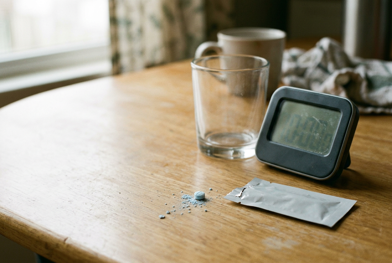 A fentanyl test strip beside a crushed blue M30 tablet, clean glass cup, water and timer on a plain table.
