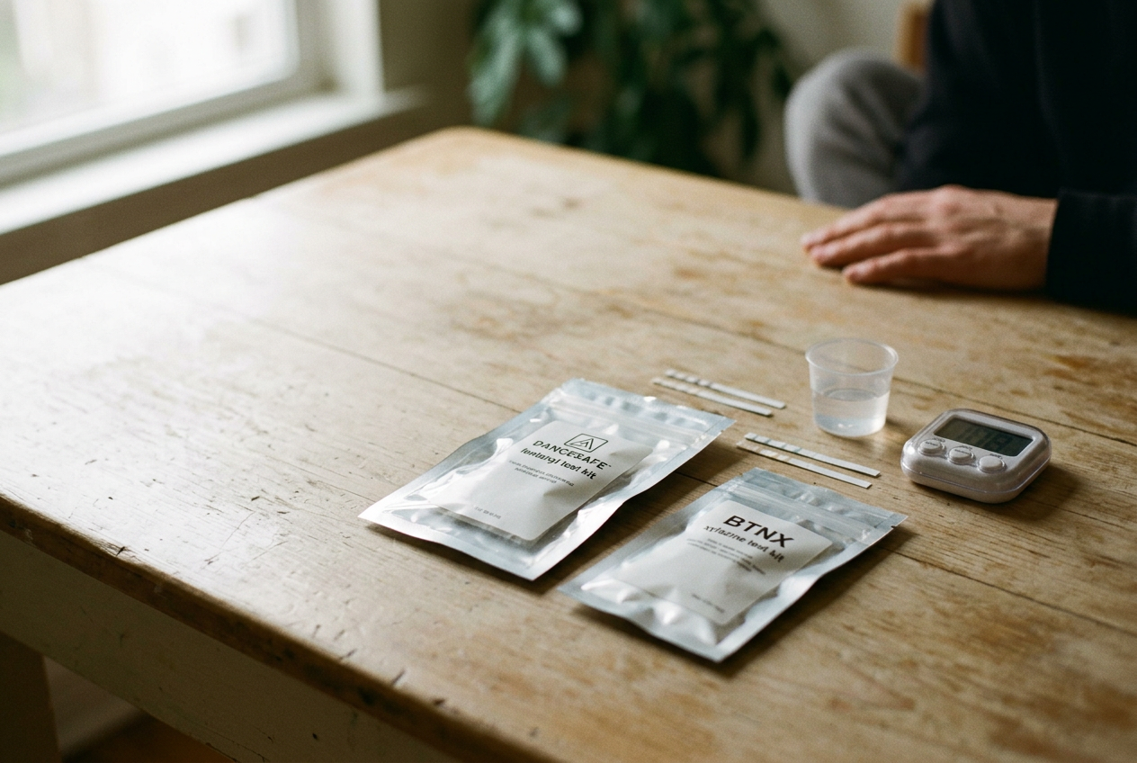 Two sealed fentanyl and xylazine test-strip pouches beside strips, a timer and a small cup of water.