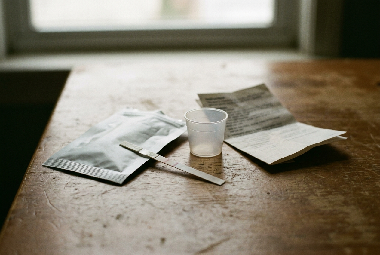 A xylazine test strip beside its opened foil pouch, a small cup of diluted residue and printed instructions.