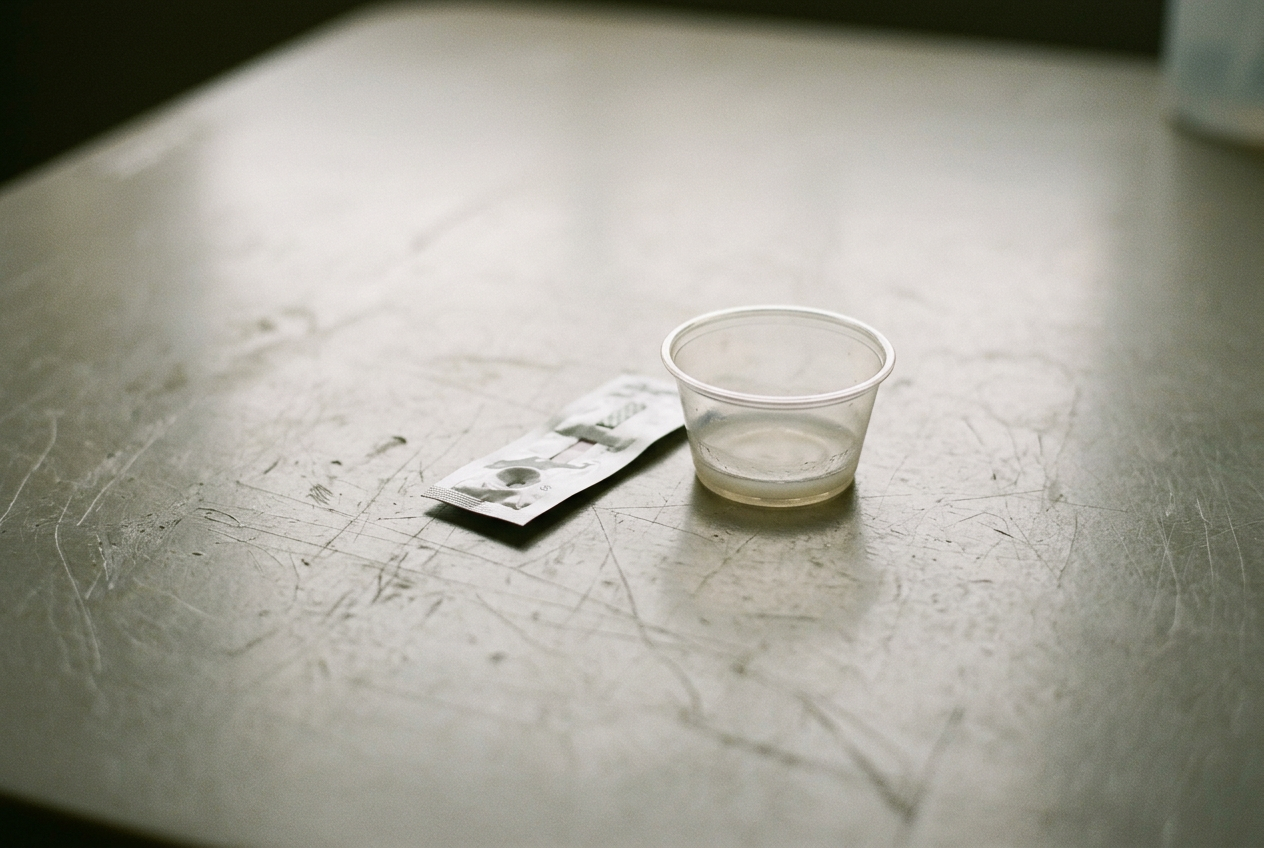 A xylazine test strip with two colored lines rests beside a clear cup containing a diluted residue sample.