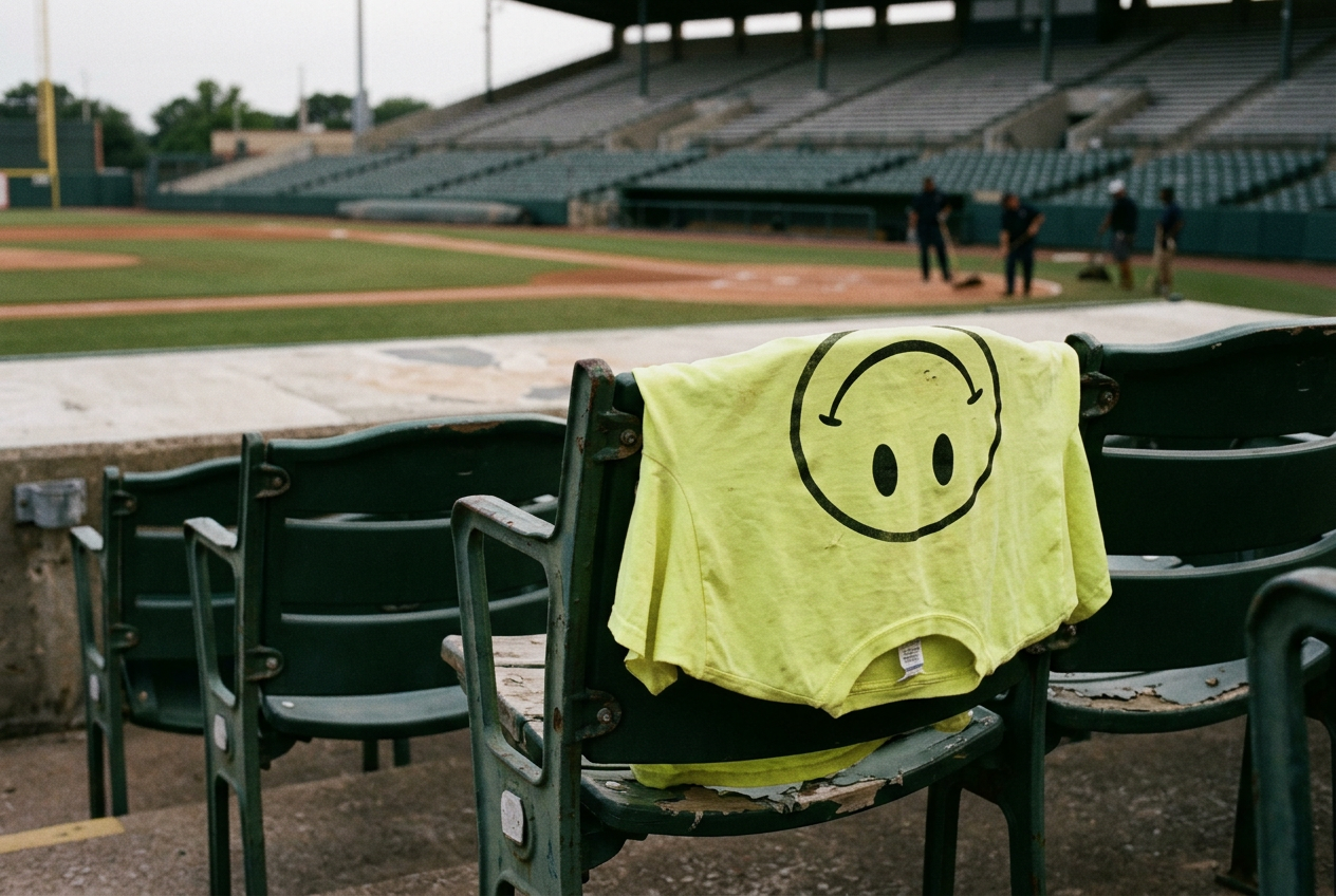 A neon yellow SMILE promotional shirt draped over an empty stadium seat behind home plate.