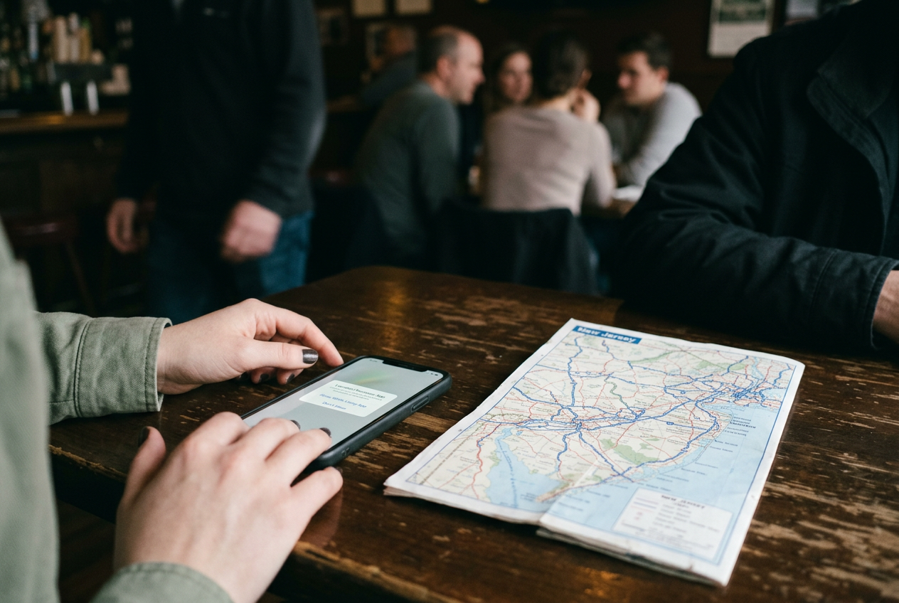 A phone displaying a sportsbook location permission screen beside a New Jersey state map and a blank betting slip.