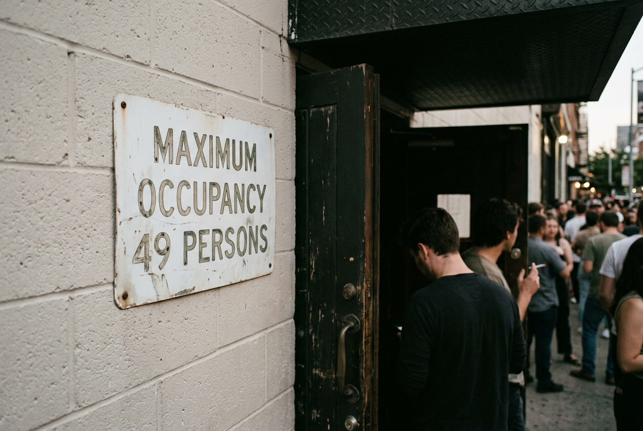 A white maximum-occupancy sign mounted beside the entrance to a small New Jersey music venue.