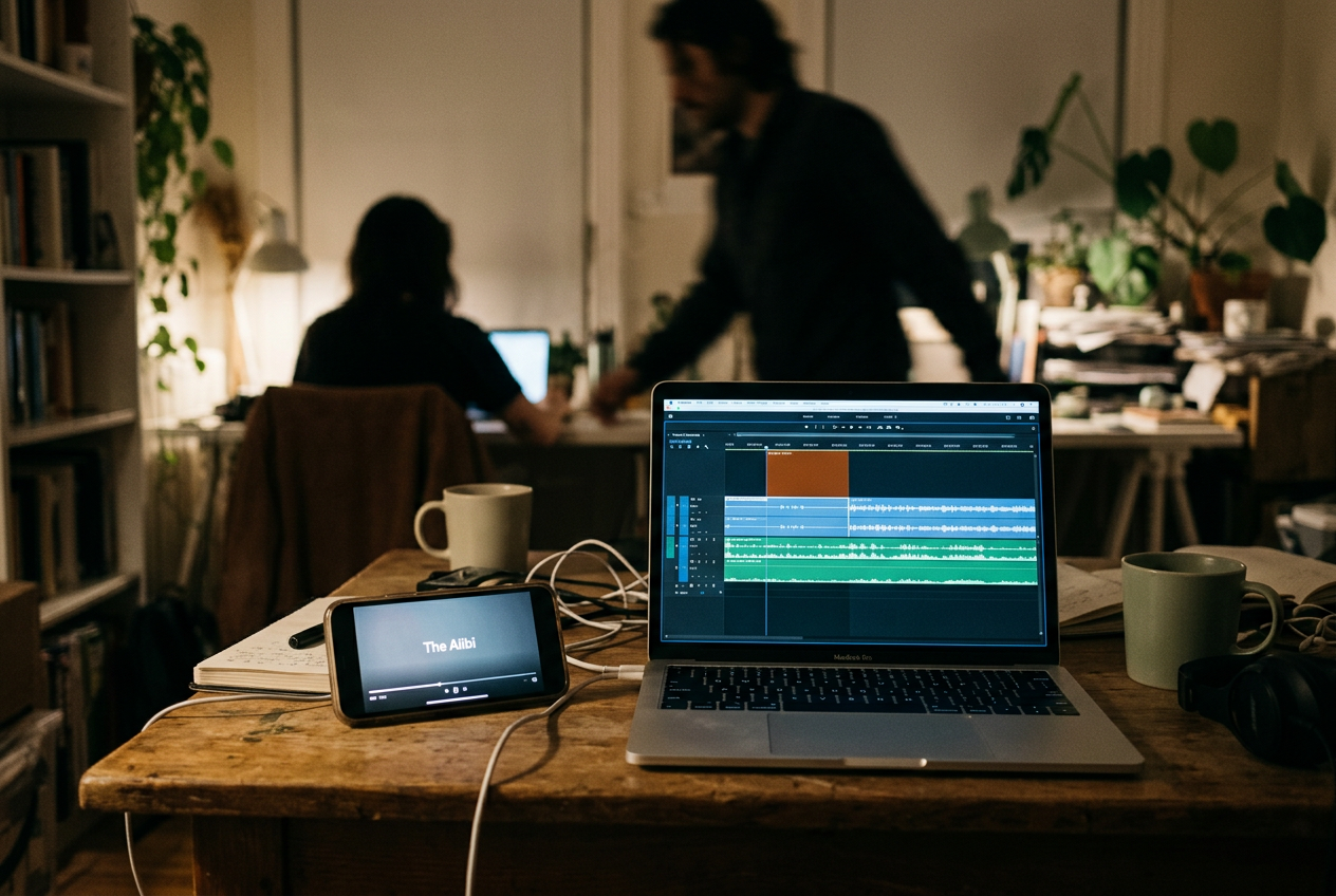 A phone playing Serial’s “The Alibi” beside a laptop timeline showing the opening advertisement as a separate audio block.