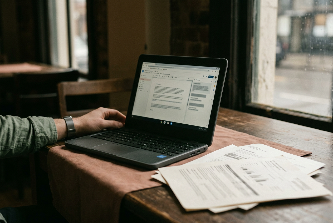 A school Chromebook displaying a private Google Doc beside a printed district software contract.