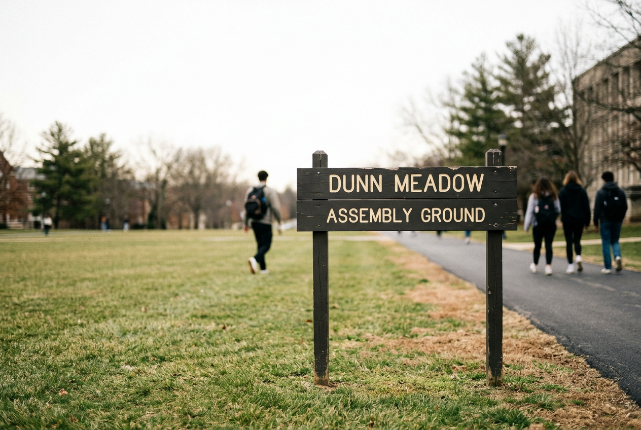 Dunn Meadow at Indiana University with an assembly-ground sign and an empty stretch of grass beside a walkway.