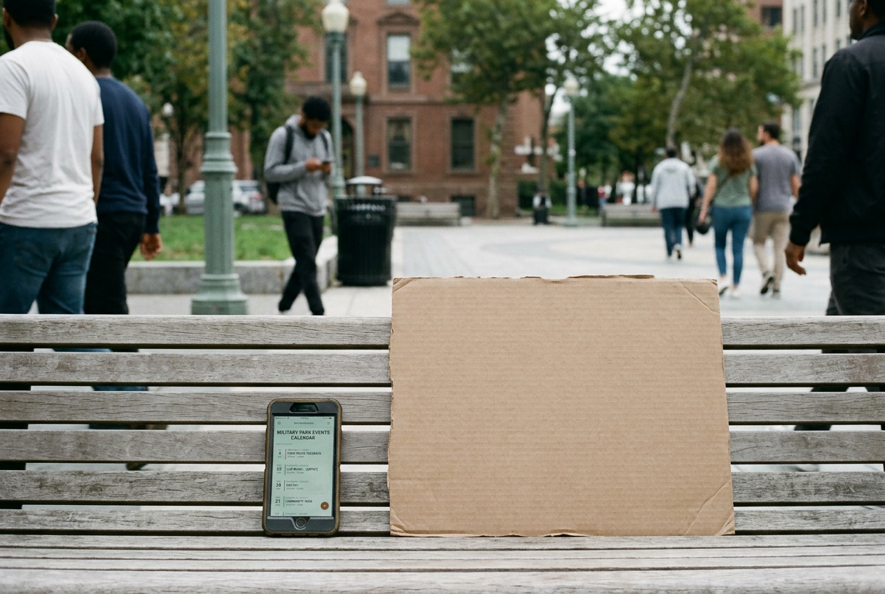 A phone showing Military Park’s event calendar beside a blank protest sign on a public plaza bench.